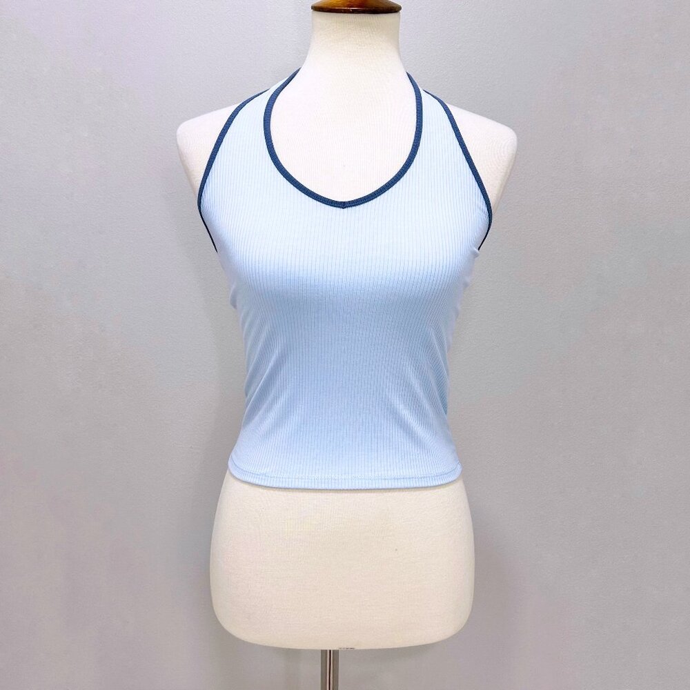American Eagle Baby Blue Fitted V-Neck Halter Ribbed Knit Tank Top Women's S